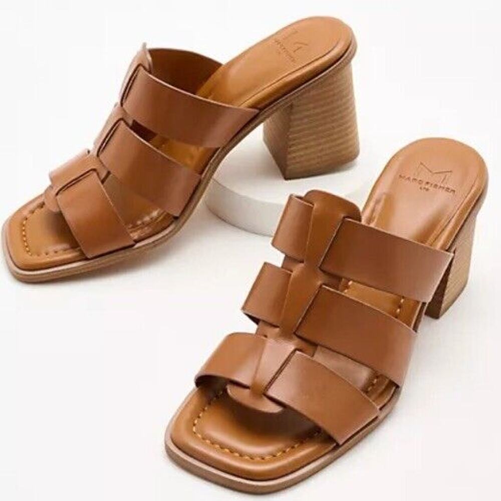New Marc‎ Fisher LTD Louisa Leather Block Heel Slip On Mules Woven Tan Size 10M